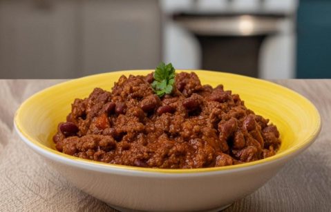 Um prato com chili vegetariano em destaque, em uma tigela amarela sobre uma mesa de madeira.